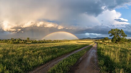 Obraz premium Serene Rural Landscape: Rainbow Emerging After Thunderstorm