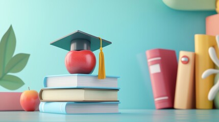 A vibrant apple with graduation cap sits atop stack of books, symbolizing education and achievement. scene conveys sense of learning and growth. 