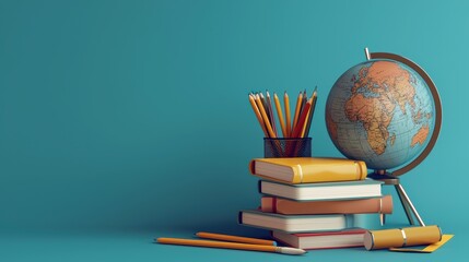 Fototapeta premium Books and globe symbolize education and knowledge, evoking sense of curiosity and learning. 