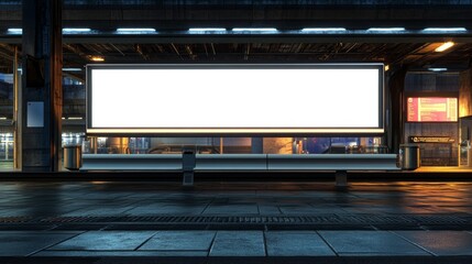 Obraz premium Concept for a futuristic airport hall with glowing blue lights and an information desk. Stock image.