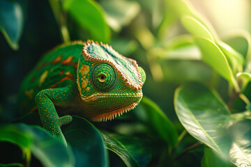 Fototapeta premium Green Chameleon Close Up in Lush Foliage