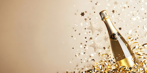 Fototapeta premium Top view Golden champagne bottle, confetti stars and party streamers celebration background