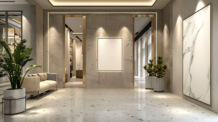 Elegant modern lobby design with marble flooring and stylish decor elements