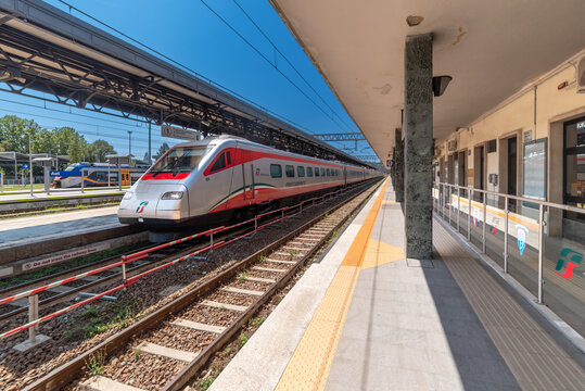 Asti, Italy - August 20, 2024: train station platform view with ETR 485 high-speed train called Freccia Argento ( Silver Arrow) by Trenitalia