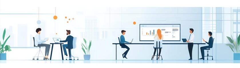 A modern office space featuring professionals collaborating on projects, surrounded by plants and technology, fostering teamwork.