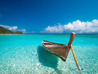 Obraz premium Landscape with an old wooden boat on the seashore, on an exotic island with turquoise water and blue sky
