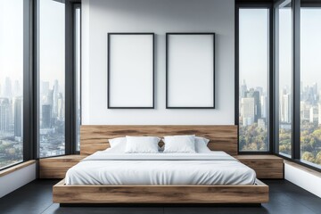 An interior shot of a trendy hotel bedroom with a bed, a shelf, and a window.