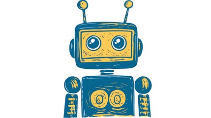 Fototapeta premium Whimsical Woodcut of Friendly Robot with Expressive Eyes | Adorable Character Design on White Background