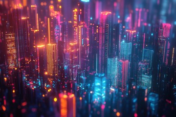 Fototapeta premium Futuristic digital city, Glowing color buildings with a particles network. Technology and connection concept with generative ai