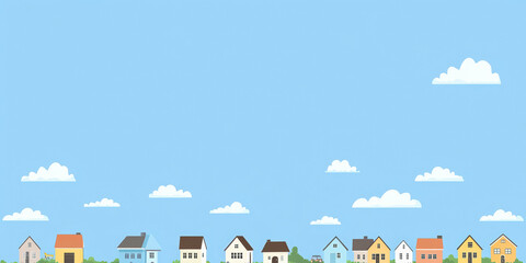 A row of colorful cartoon houses stands beneath a bright blue sky with scattered clouds, depicting a charming neighborhood scene.