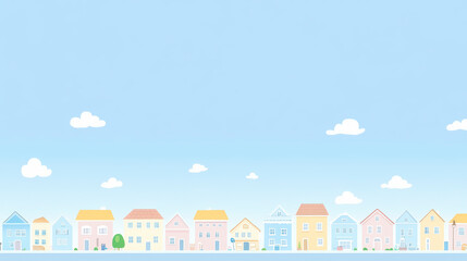 Colorful pastel houses line a quaint neighborhood street, set against a clear blue sky decorated with fluffy white clouds.