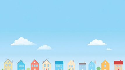 Naklejka premium Colorful row of small houses under a clear blue sky with a few clouds, forming a serene and charming neighborhood scenery.