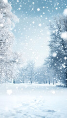 Snowy winter landscape with snow-covered trees, snowflakes. Holiday magic nature