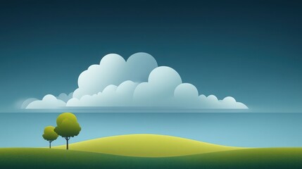 A serene landscape featuring green hills, stylized trees, and fluffy clouds against a tranquil blue sky, perfect for peaceful themes.