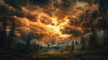 Naklejka premium Dramatic Storm Clouds with Lightning Bolts Striking Near Forest