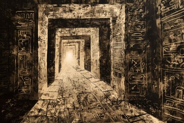 Fototapeta premium A Glowing Path Through a Dark Hallway Decorated With Ancient Hieroglyphs