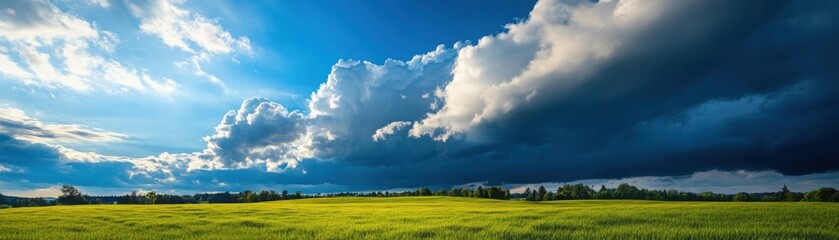 A serene landscape showcasing lush green fields under a dramatic sky filled with clouds illuminated by sunlight.