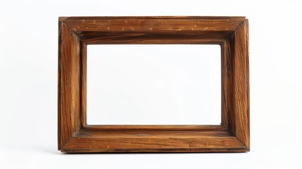 Empty wooden picture frame standing on white background