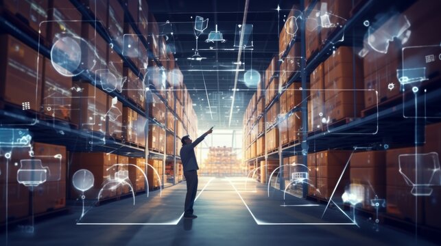 A worker engages with AR tech in a modern warehouse environment, showcasing advanced inventory solutions.