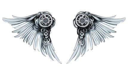 Mechanical Wings of Time - Surreal Clock Gear Art in Tattoo Style