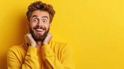 Fototapeta premium Overjoyed man with hands on cheeks, smiling widely in yellow sweater against matching background, expressing pure excitement.