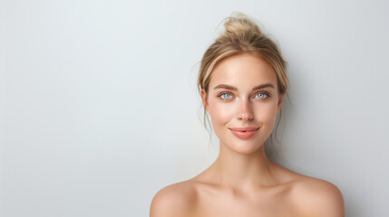 Fototapeta premium A gorgeous young Scandinavian woman with clear, healthy skin and bright blue eyes, exuding natural beauty and grace.