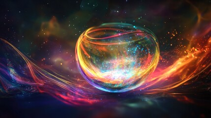 Crystal glass of knowledge emitting colorful energy waves, floating on a dark, abstract background