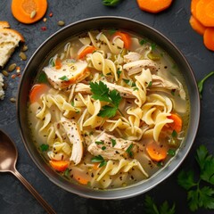 Close-up of chicken noodle soup with egg noodles, vegetables, carrots and herbs, overhead view