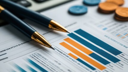 Close-up of pens resting on financial reports with charts and coins, representing analysis and business strategies.