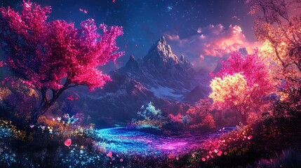 Obraz premium Dreamlike landscape with neon-colored trees and glowing flowers, a surreal and vibrant natural wonderland