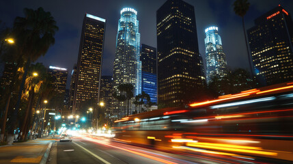 Obraz premium A bustling cityscape at night with tall illuminated buildings and streaks of light from moving vehicles, capturing the energy and dynamism of urban life.