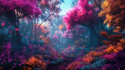 Obraz premium Dreamy landscape with neon-hued trees and flowers, their colors blending in a surreal and magical way