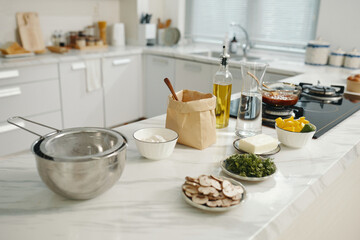 Food ingredients preparing for cooking or baking in domestic kitchen