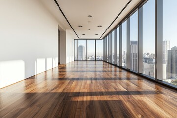 Obraz premium An elegant workspace concept, minimalist design, with wooden floors and a city view backdrop. 3D rendering.