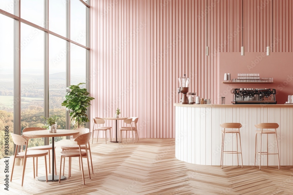 Sticker The concept is to create a modern cafe interior with white tables, chairs, and hanging lights against a pink wall background as well as light wood flooring, furniture, and design elements. 3D