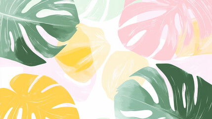 Fototapeta premium Colorful tropical leaves in shades of green, pink, yellow, and light mint overlapping on a white background, creating a vibrant and playful pattern.