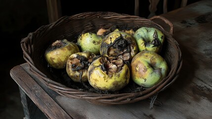 A basket of overripe apples rotting on a wooden surface under natural lighting, showcasing earthy tones and the natural process of decomposition.