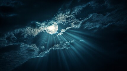 A moonlit night. Thin clouds obscure most of the moon, but rays of light shine through.