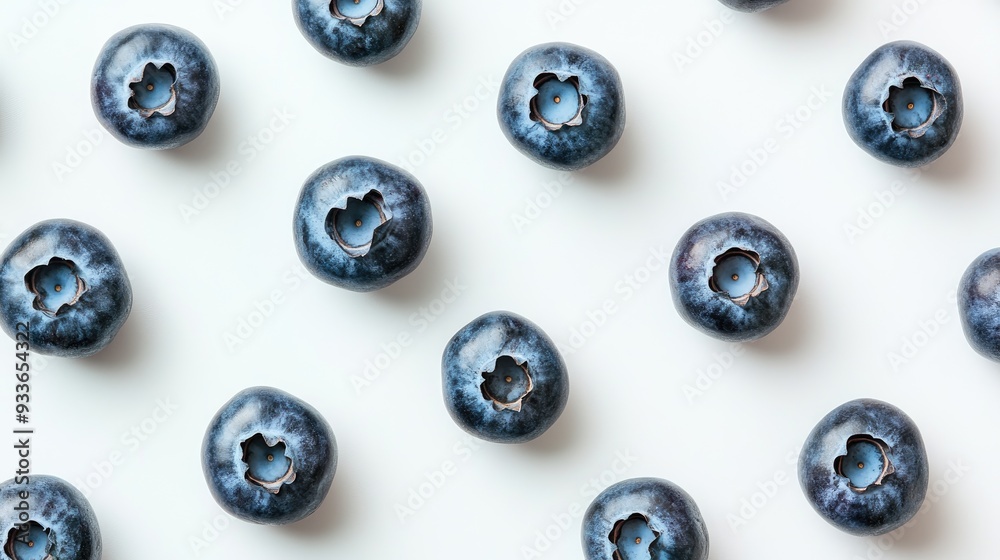 Wall mural Overhead shot of plump, juicy blueberries arranged on a clean white background, perfect for promoting healthy eating, snacks, or superfoods