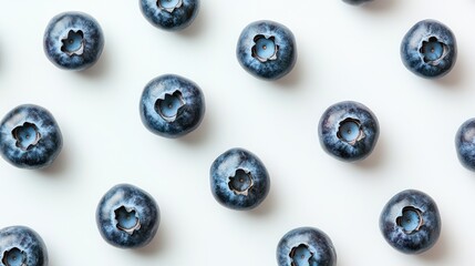 Overhead shot of plump, juicy blueberries arranged on a clean white background, perfect for promoting healthy eating, snacks, or superfoods