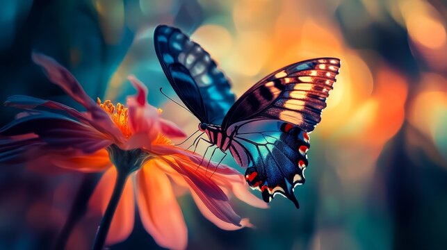 A stunning macro photograph captures a butterfly hovering above a flower, bathed in a play of light and shadow. The vibrant colors and intricate details make it a captivating piece of art.