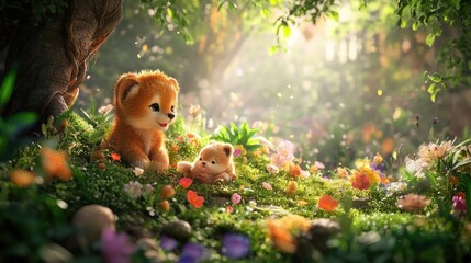 Magical 3D forest with a baby dog and baby lion playing among enchanting flora, with whimsical fauna all around