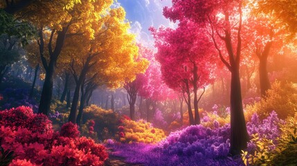 Fototapeta premium Magical forest of vividly colored trees and flowers, a surreal landscape that captivates the senses