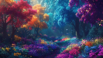 Obraz premium Magical forest of vividly colored trees and flowers, a surreal landscape that captivates the senses