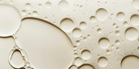 Oil droplets suspended in water creating a mesmerizing pattern of circles and bubbles of various sizes on a beige background.