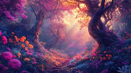 Fototapeta premium Mesmerizing scene with fantastical trees and flowers in vibrant hues, creating a surreal and enchanting landscape