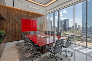 Wooden panels, large windows, and a minimalist design characterize this modern conference room. Light, 3D rendering included