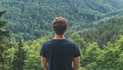 Naklejka premium mockup of a man wearing a plain black t-shirt from behind, with a mountain forest background with dense green trees