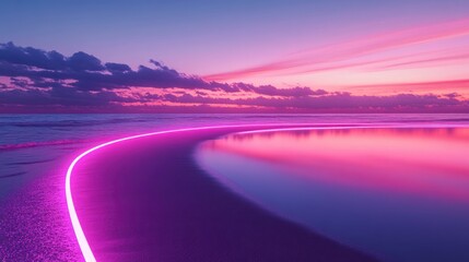 Fototapeta premium Neon arcs bending across a tranquil beach at twilight, reflecting on the water and blending with the sky
