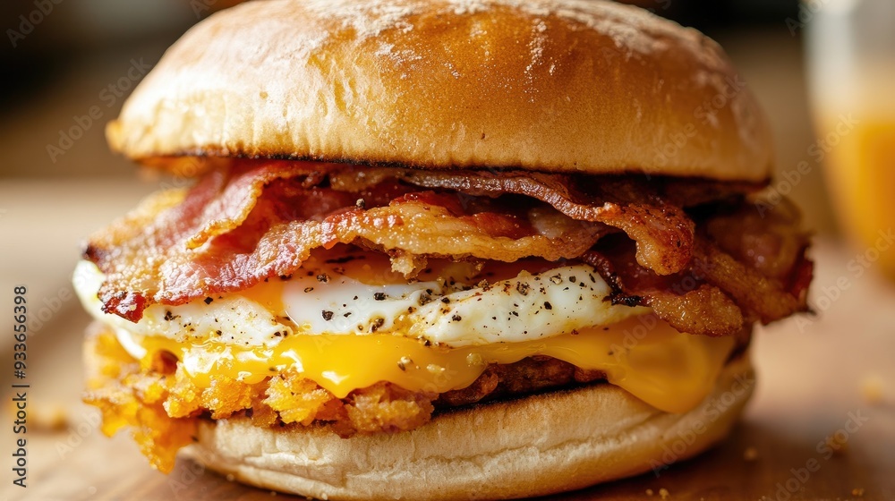 Canvas Prints A mouthwatering bacon, egg, and cheese sandwich with chipotle mayo and hash brown, served on a toasted roll, photographed up close to capture its savory goodness.